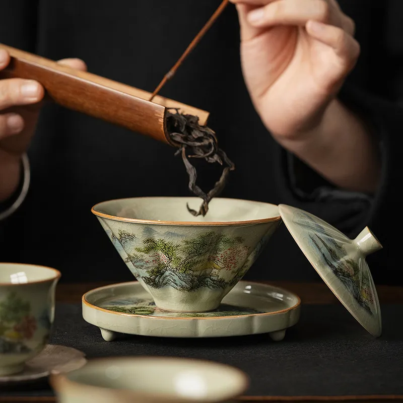 Celadon Ceramic Cup - 景徳鎮陶磁器茶杯 竹笠付き、伝統的な手作り茶器、シングルボウル、蓋付きカンフー茶、三彩蓋碗