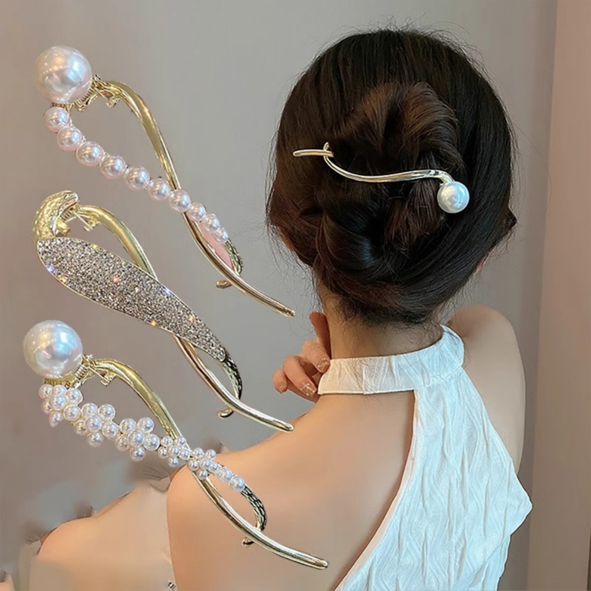 Korean Women Lifestyle - エレガントなグリッターパールヘアクリップ レディース トレンドツイストヘアクリップ ガールズファッション デイリーライフヘアアクセサリー ジュエリーヘアピン