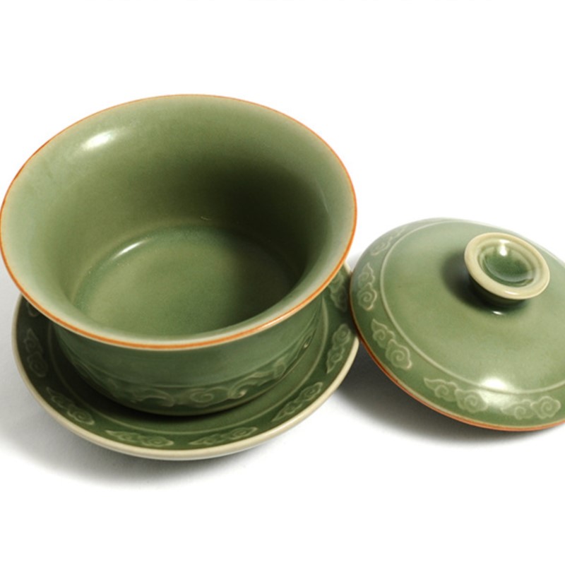 Celadon Ceramic Cup - 高品質の青磁製ガイワン、創造的な手作り彫刻入りセット、ガイワン陶器茶碗、蓋付き日本風カップ、彫刻入り