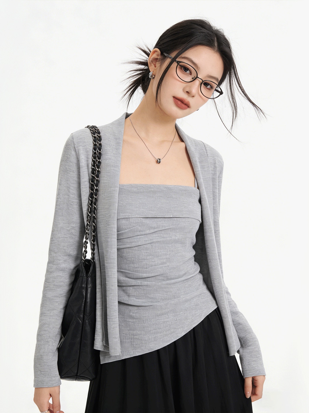 Korean Women Lifestyle - Lu Life 肌に優しいショートニットカーディガン痩身ツーピースセット韓国スタイル通気性カジュアルウェア女性用