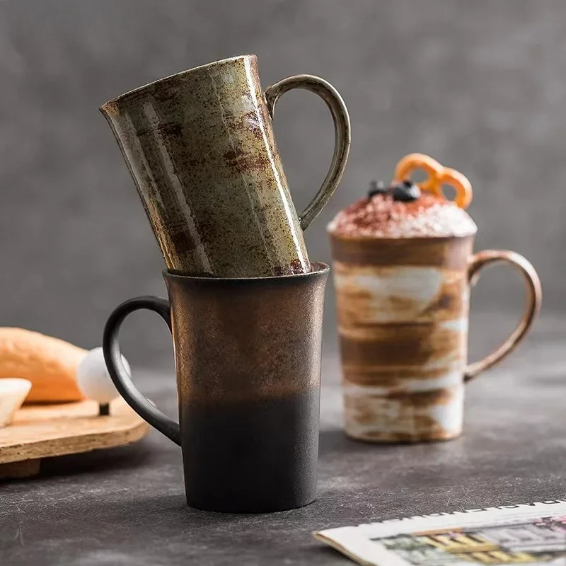 Celadon Ceramic Cup - 和風粗陶器コーヒーカップ レトロ 国産 大容量 高級 オフィス用