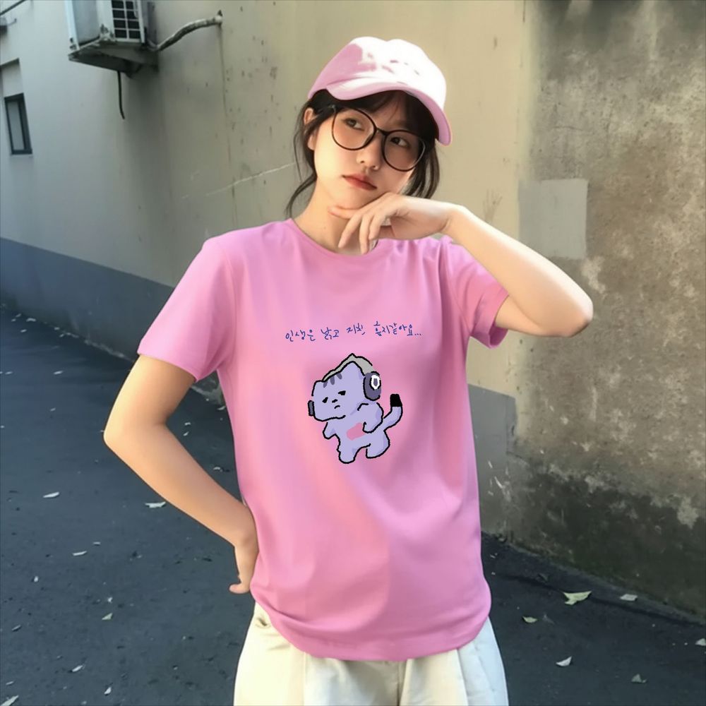 Korean Women Lifestyle - 人生は私を守ってくれないかわいいテキストプリント Tシャツ紫エモ猫グラフィック Tシャツ女性夏半袖韓国スタイル美的トップス