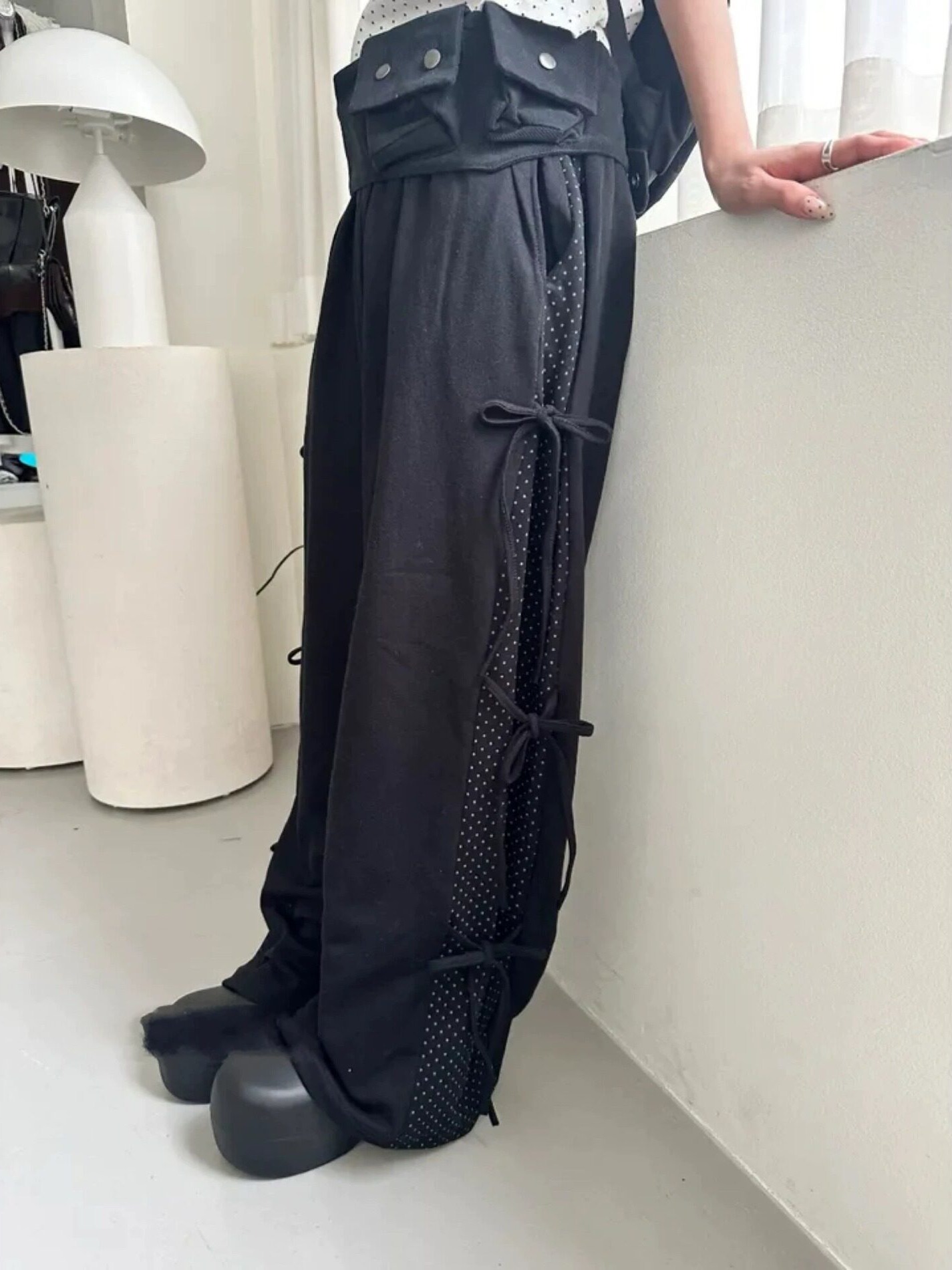 Korean Pants Lifestyle - 秋冬ポルカドットスプライスカラーブロックベルト付きカジュアルパンツ長ズボン女の子韓国スタイルストリートファッションカレッジライフ