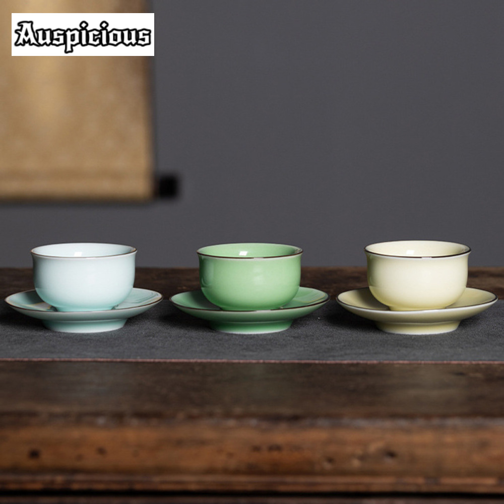 Celadon Ceramic Cup - Longquan-エレガントなセラドンティーカップ,ソーサーキット付きティーボウル,ホルダーセット付きパーソナルマスターカップ,カンフー装飾,70ml