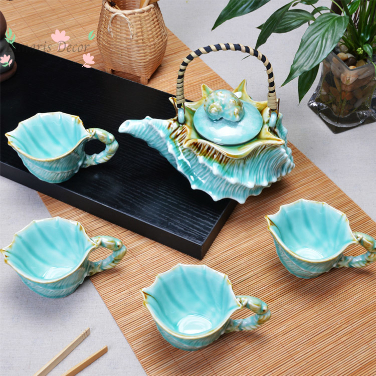 Celadon Ceramic Cup - 陶磁器の茶器セット、青磁セット、軽贅沢な茶器セット、大きな茶碗、一壺に四つの茶碗が入る茶海セット