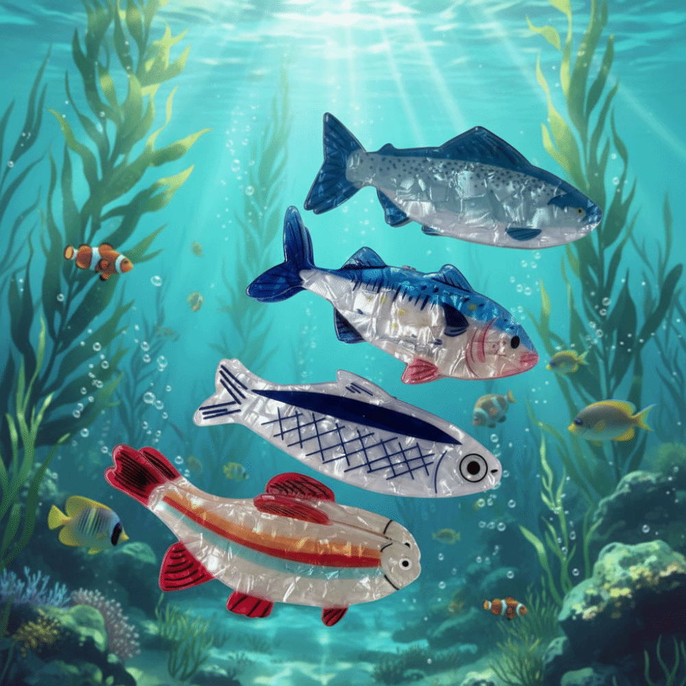 Korean Women Lifestyle - 4個入りヘアピン 海洋動物ヘアクロー PVC金魚 海洋生物 魚ヘアクリップ 大きめ