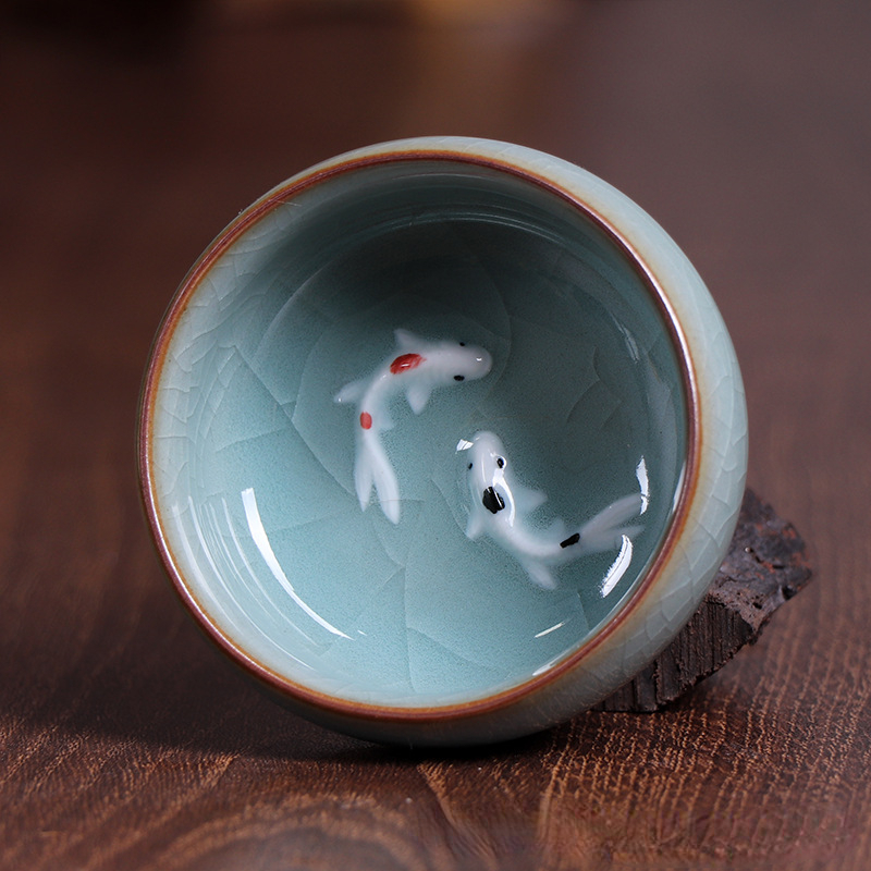龍泉青磁茶杯中国功夫茶壺金魚茶碗60mlクラックルティーセッ - Celadon Ceramic Cup のレビューと価格