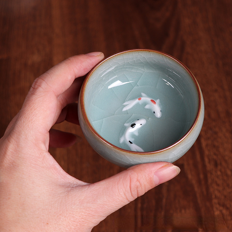 龍泉青磁茶杯中国功夫茶壺金魚茶碗60mlクラックルティーセッ - Celadon Ceramic Cup のレビューと価格