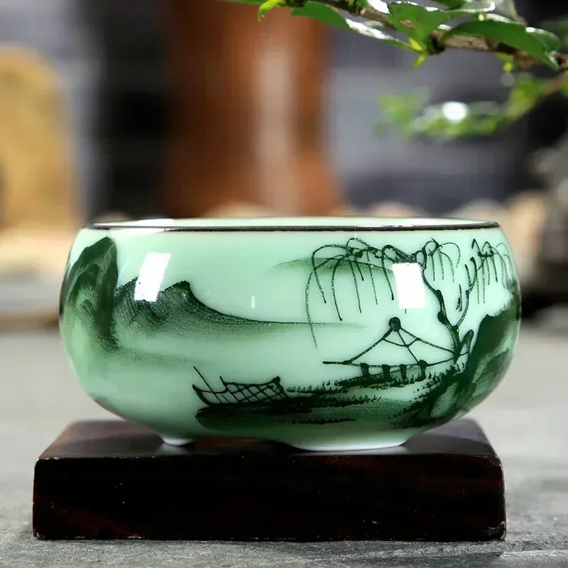 茶碗 陶器 1個 青磁 手描き 風景画 蓮 魚 茶碗 中国風 - Celadon Ceramic Cup のレビューと価格