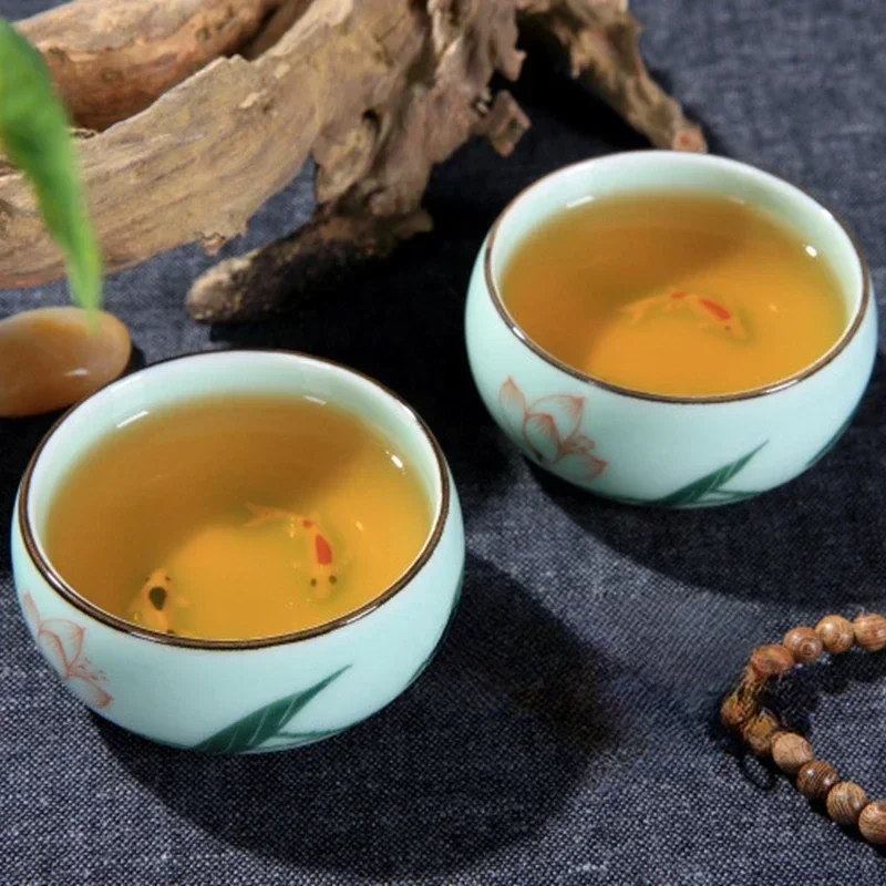 茶碗 陶器 1個 青磁 手描き 風景画 蓮 魚 茶碗 中国風 - Celadon Ceramic Cup のレビューと価格