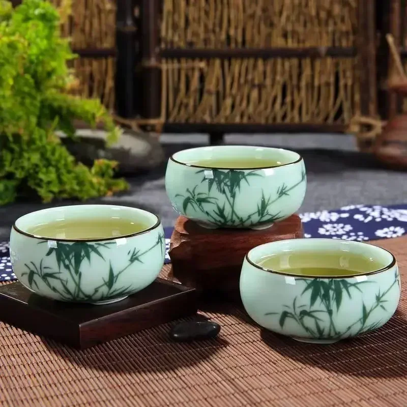 茶碗 陶器 1個 青磁 手描き 風景画 蓮 魚 茶碗 中国風 - Celadon Ceramic Cup のレビューと価格