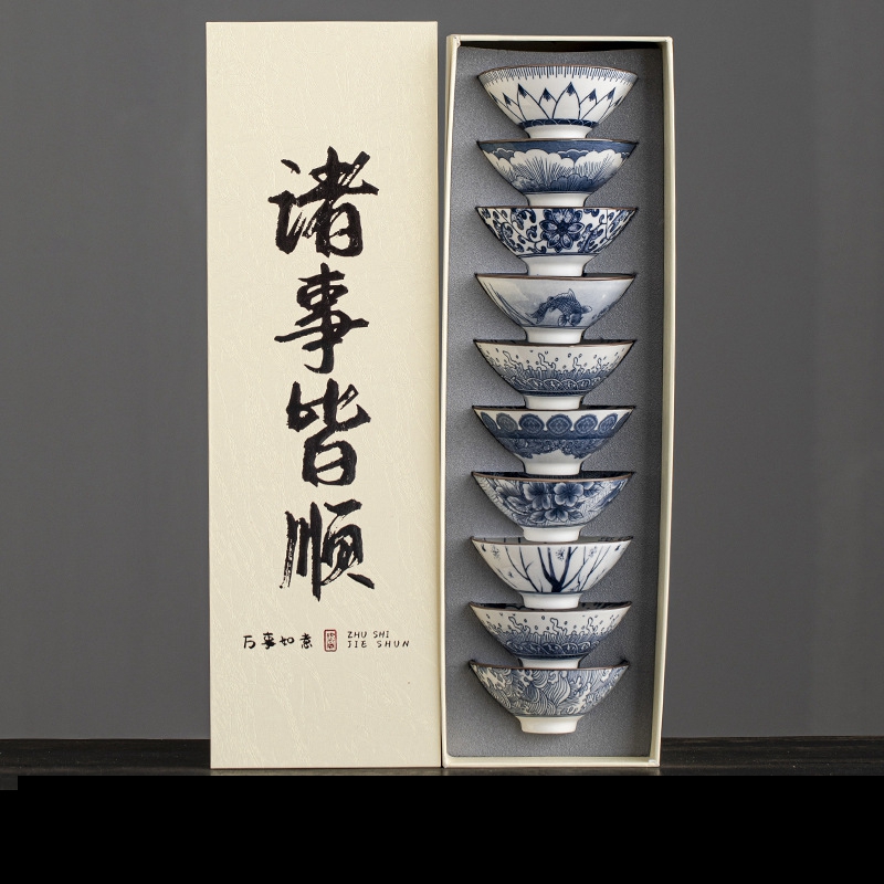 10個入り/箱 青と白の磁器茶碗 セラミックカンフー小茶碗  - Celadon Ceramic Cup のレビューと価格